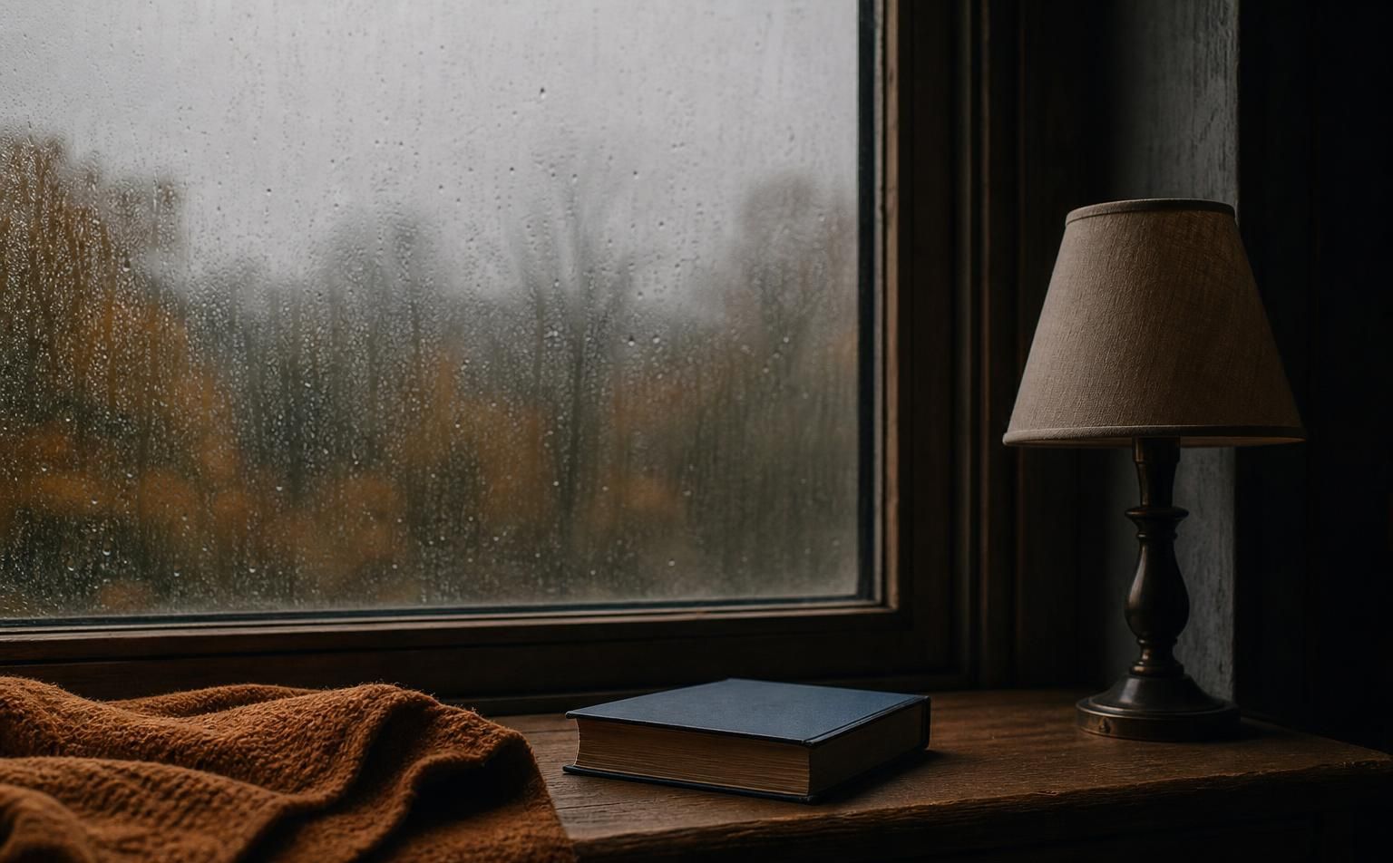 Regennasses Fenster mit geschlossenem Buch