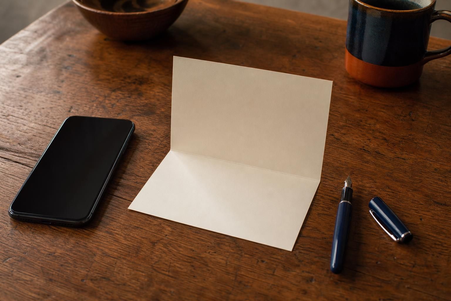 Leere Karte neben Stift und Handy