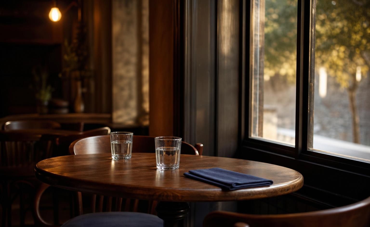 Leerer Cafétisch mit zwei Wassergläsern