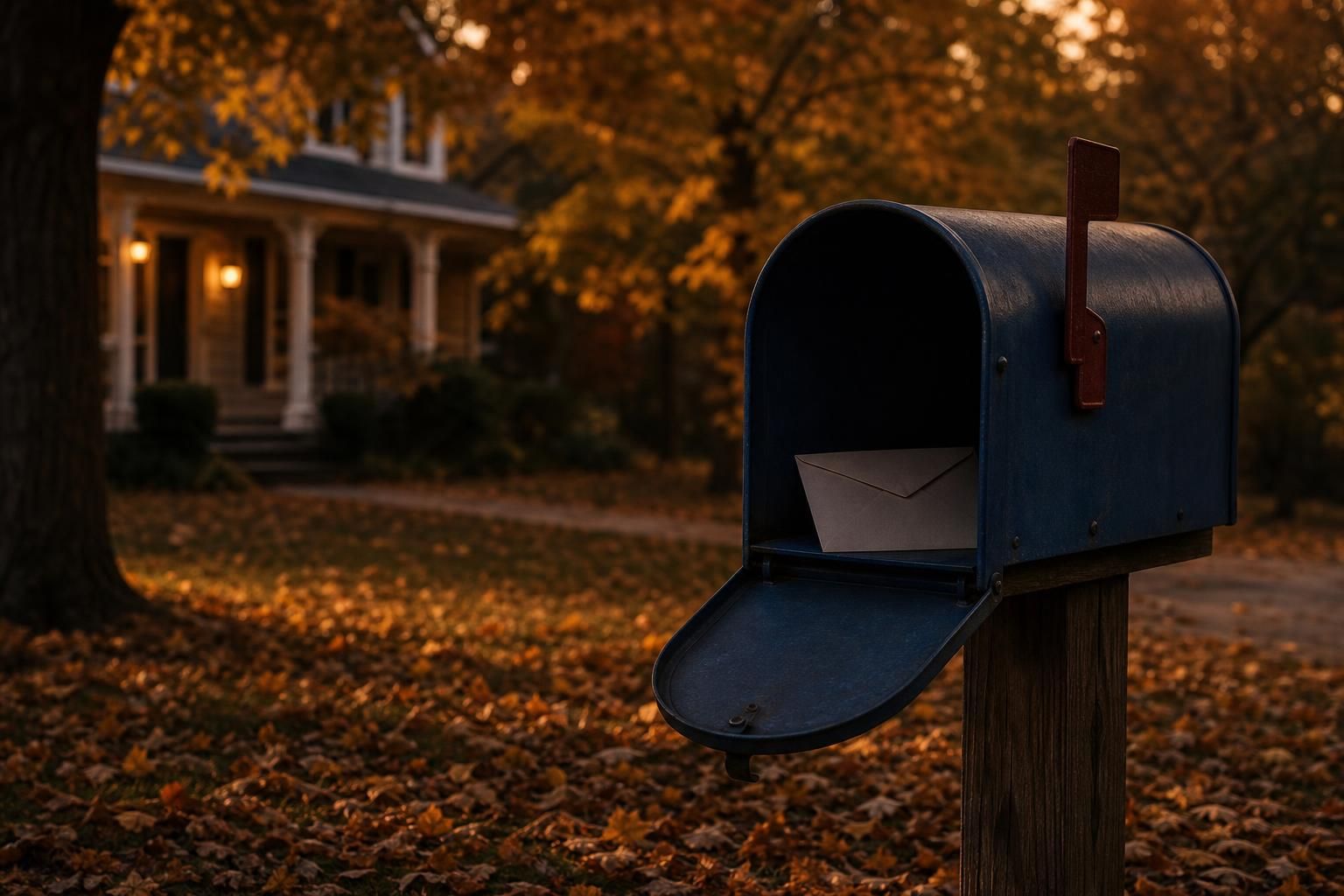 Briefkasten mit Umschlag im Herbstlicht