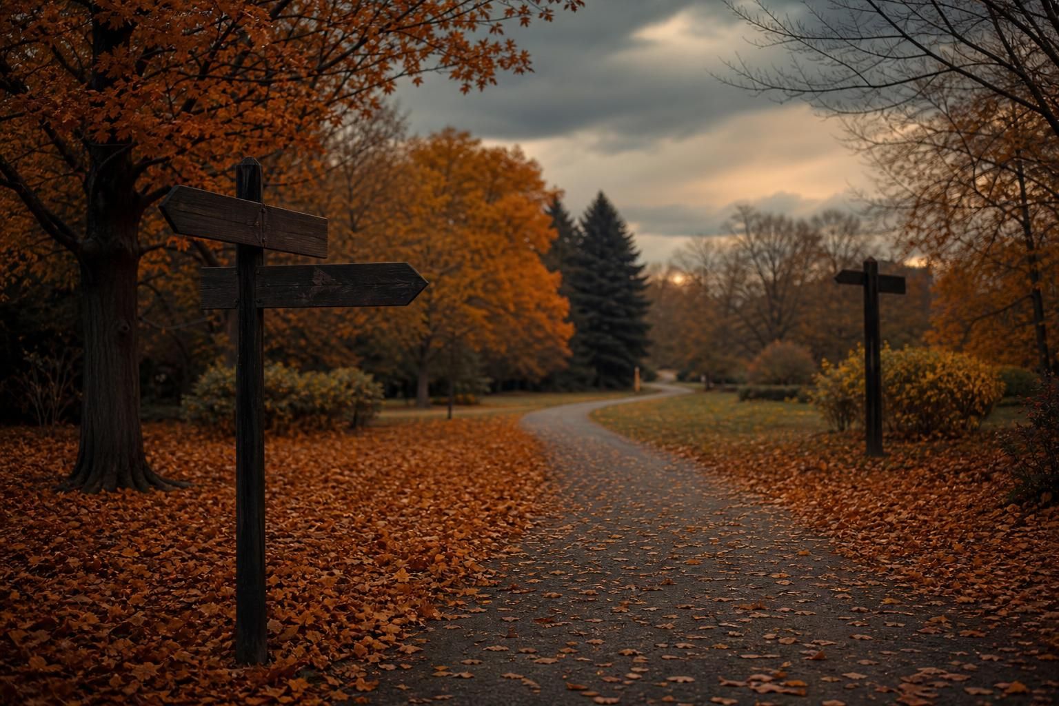Herbstweg mit leeren Wegweisern im Park