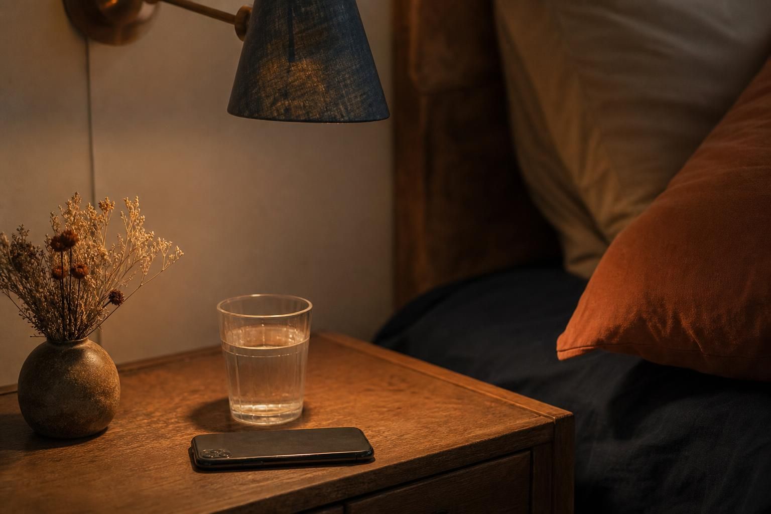 Umgedrehtes Handy auf ruhigem Nachttisch