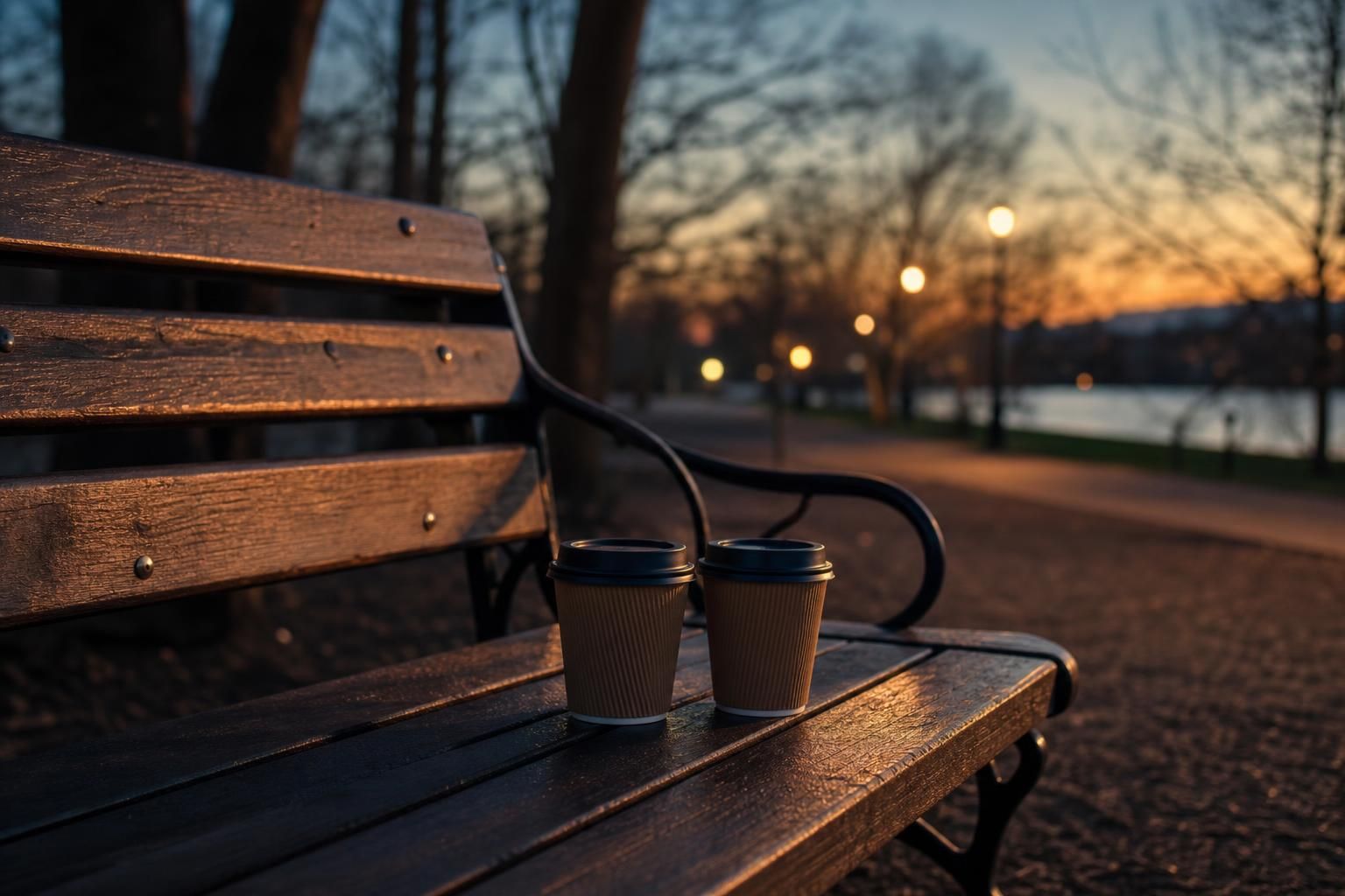 Zwei Kaffeebecher auf einer Parkbank