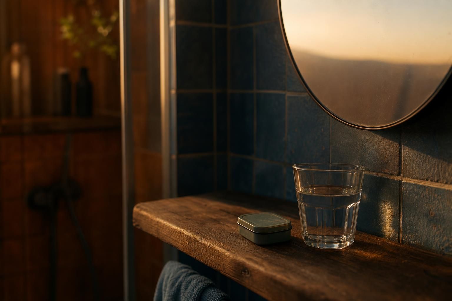 Minzdose und Wasserglas auf einem Regal