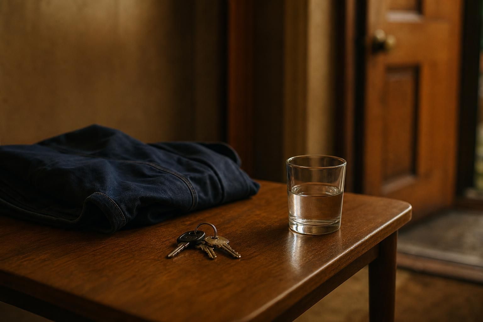 Jacke Schlüssel und Wasserglas auf einem Tisch