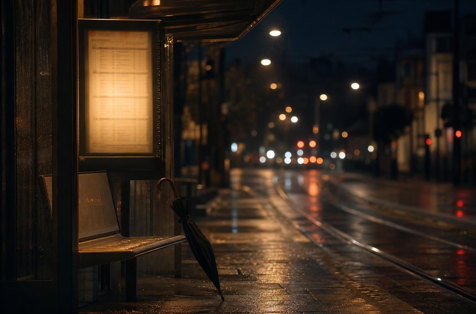 Leere Haltestelle mit angelehntem Regenschirm