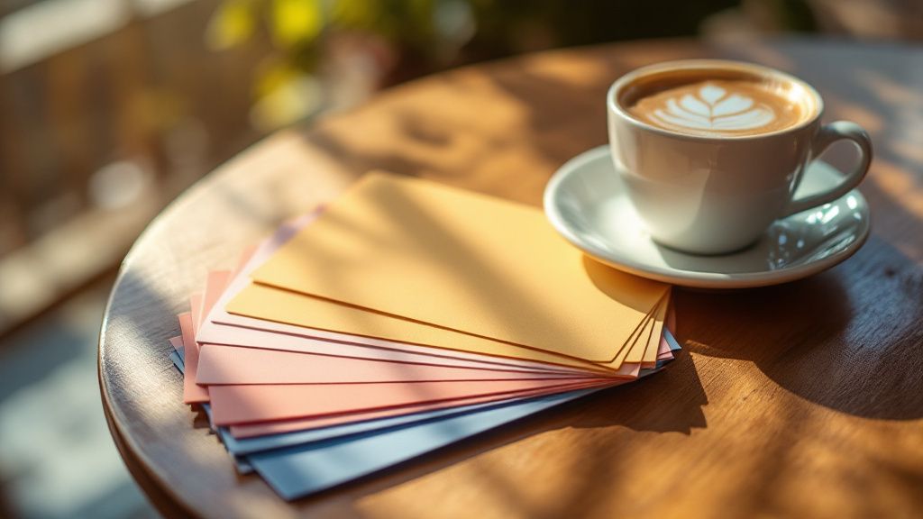 Aufgefächerte leere Pastellkarten neben einem Cappuccino auf einem Cafetisch