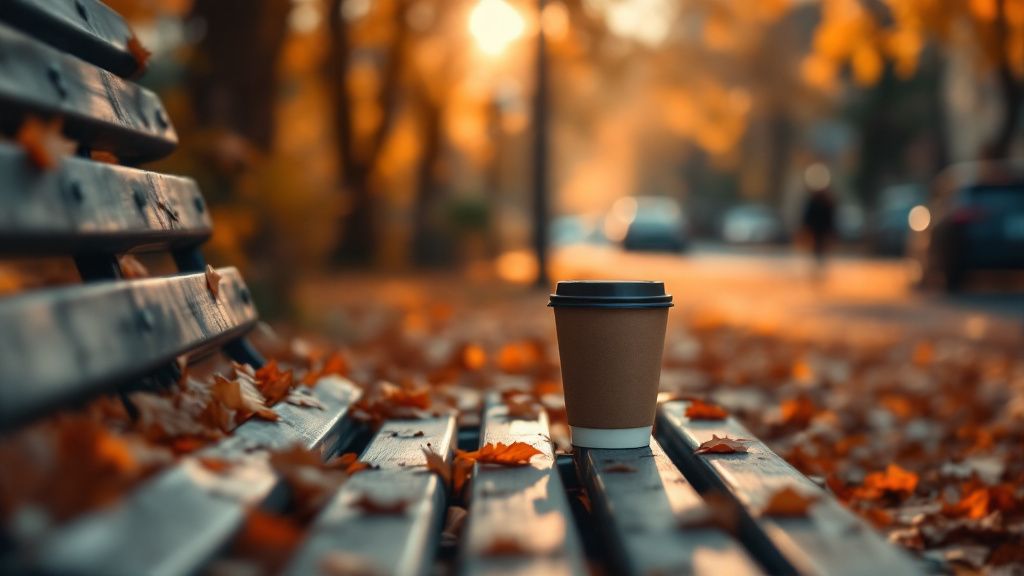 Parkbank im Nachmittagslicht mit zwei Kaffeebechern