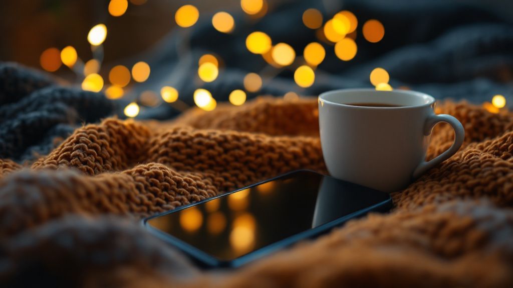 Smartphone auf einer Strickdecke neben einer Tasse Tee