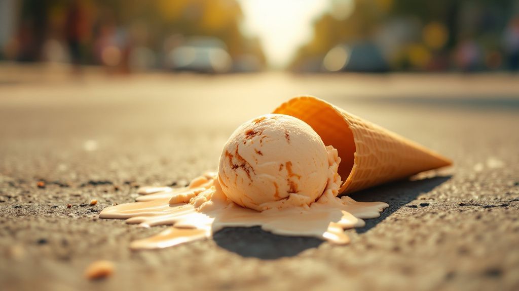 Eiskugel neben einer umgefallenen Eiswaffel auf sonnigem Pflaster