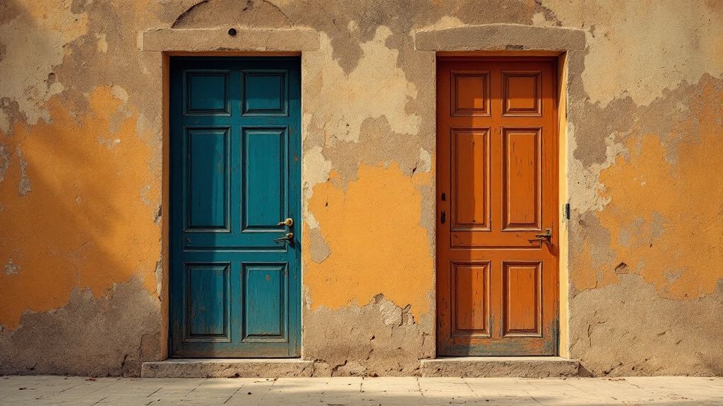 Zwei Türen nebeneinander in einer alten Hauswand, blau und orange