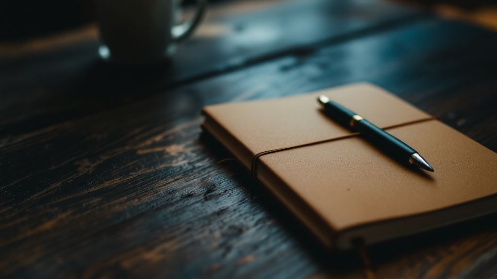 Geschlossenes Notizbuch mit Gummiband und Stift auf dunklem Holztisch