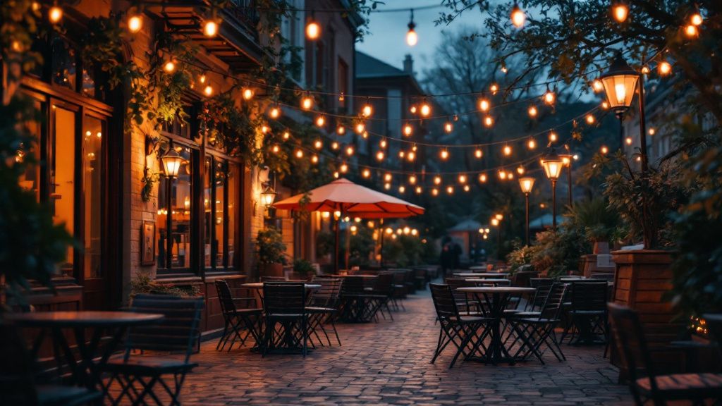 Lichterketten über einem leeren Innenhofcafe in der Dämmerung