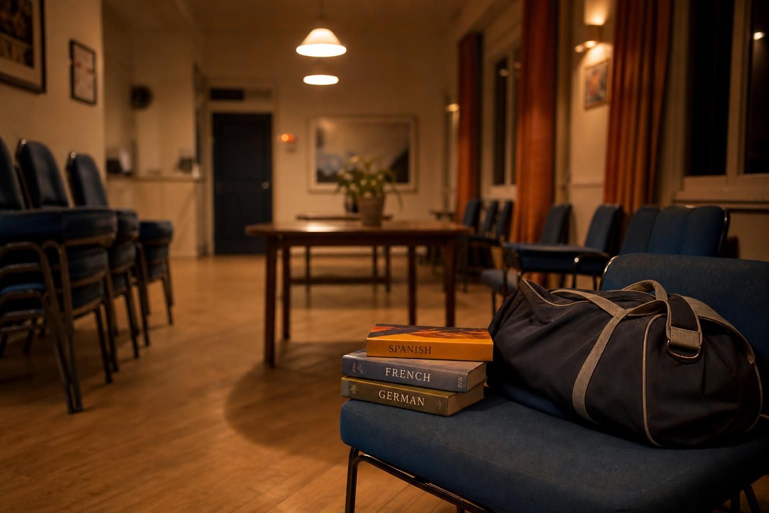 Kursraum mit Stühlen Büchern und Sporttasche