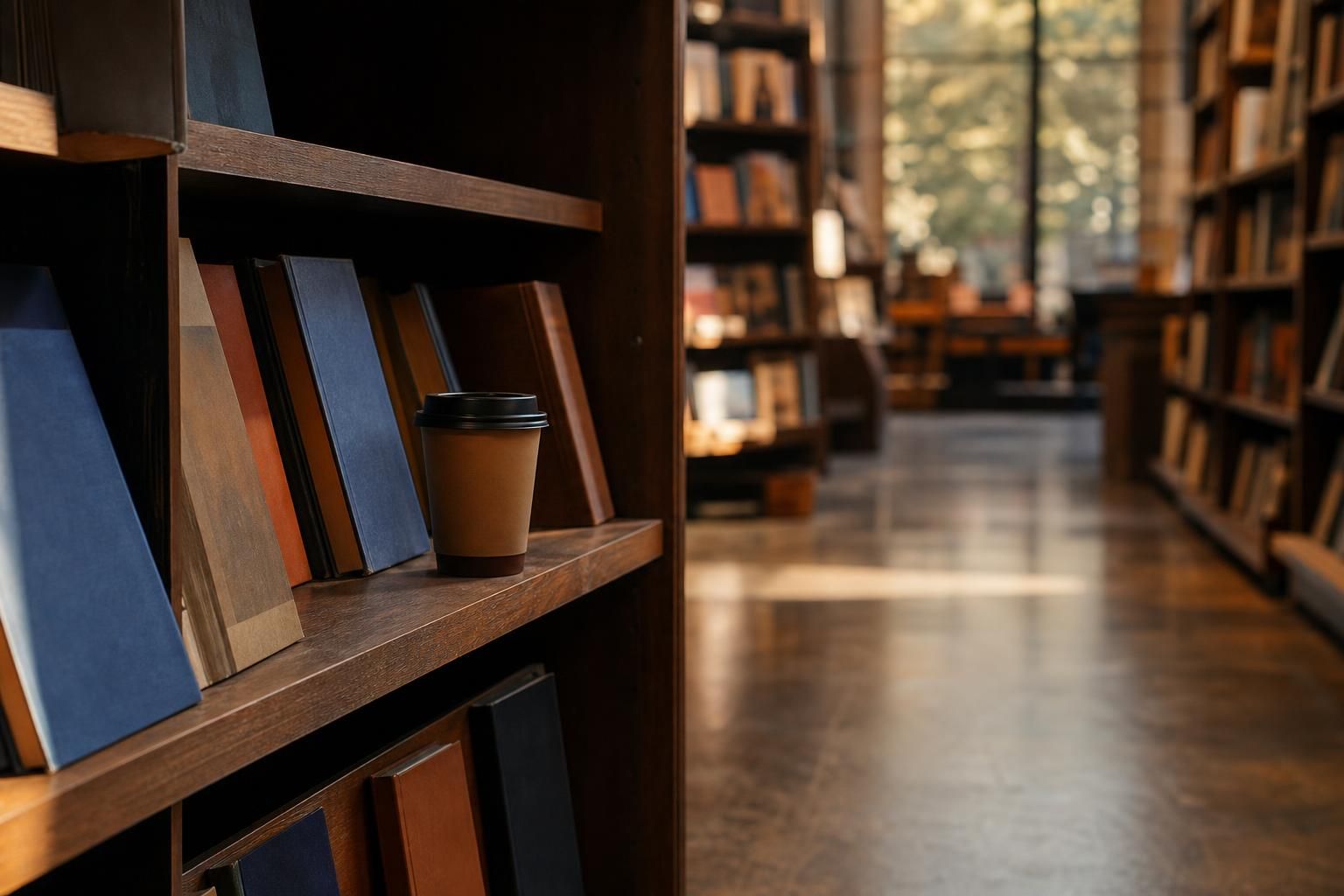 Bücherregal mit Romanen und Kaffeebecher