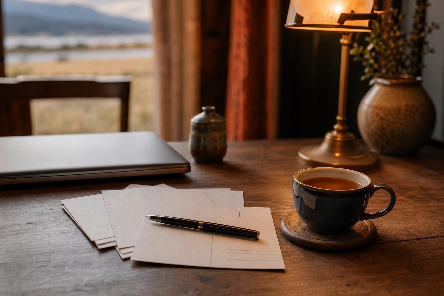Schreibtisch mit leeren Karten Stift und Tee