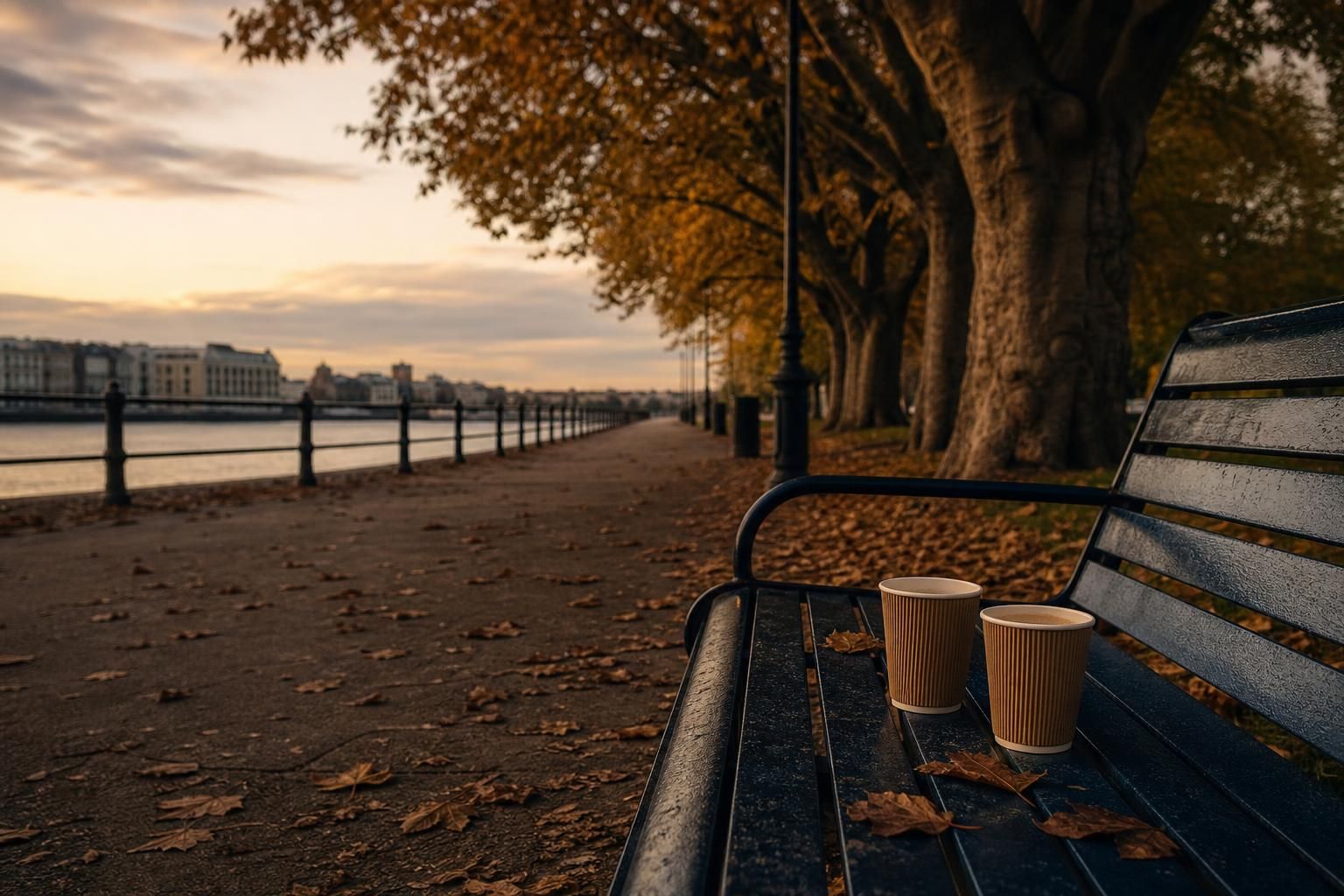 Parkbank mit zwei Kaffeebechern im Abendlicht