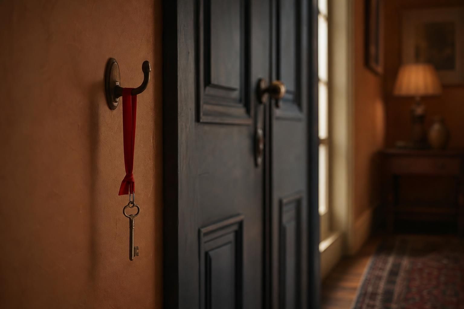 Einzelner Schlüssel an einem roten Band neben einer Haustür