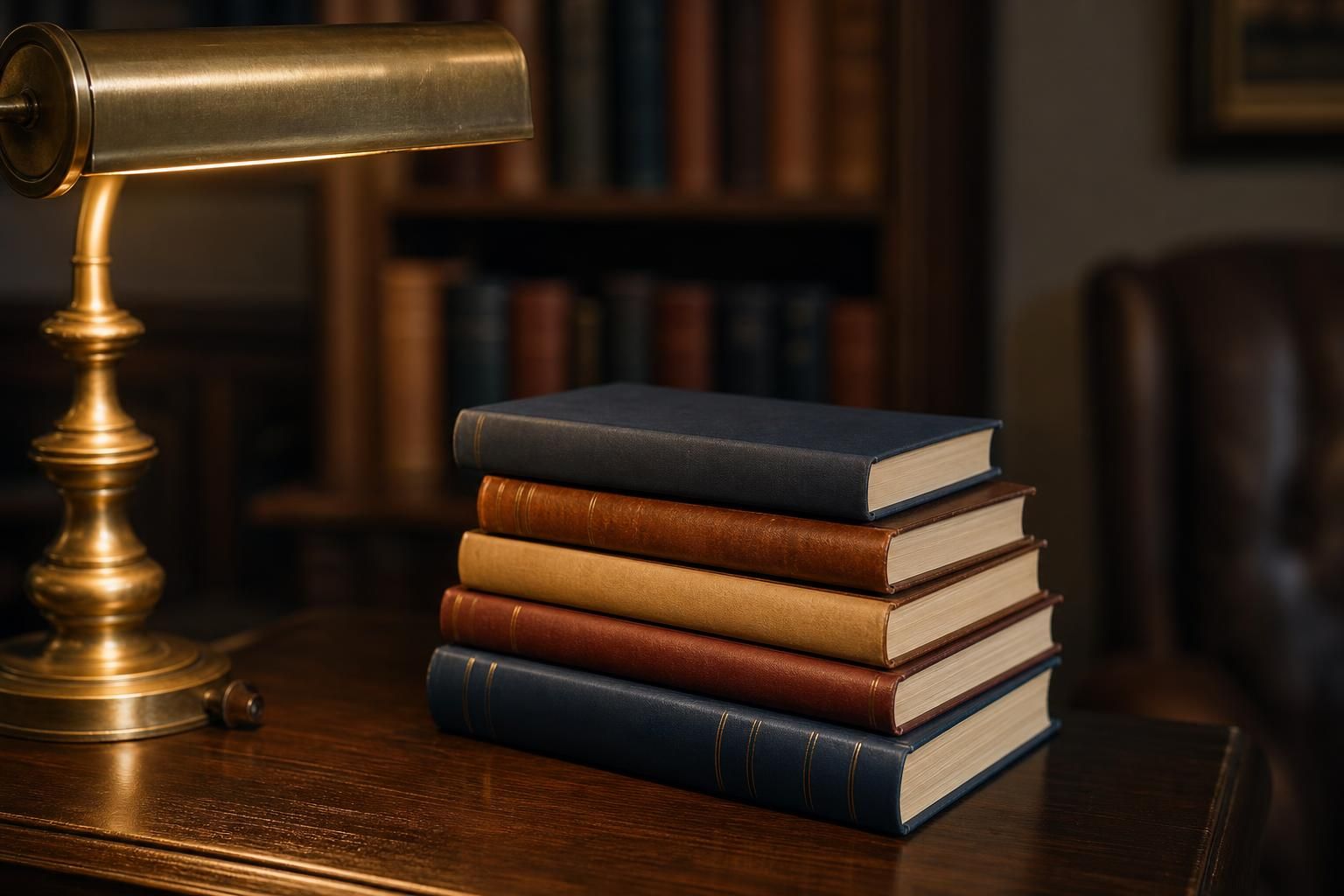 Stapel geschlossener Bücher auf einem Schreibtisch neben einer Messinglampe
