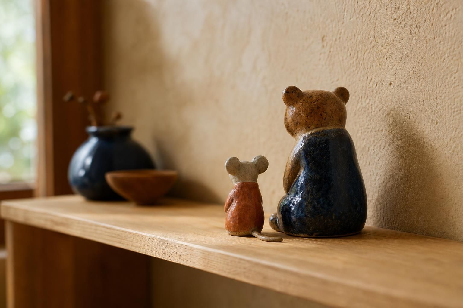 Zwei kleine Keramikfiguren, ein Bär und eine Maus, auf einem Holzregal