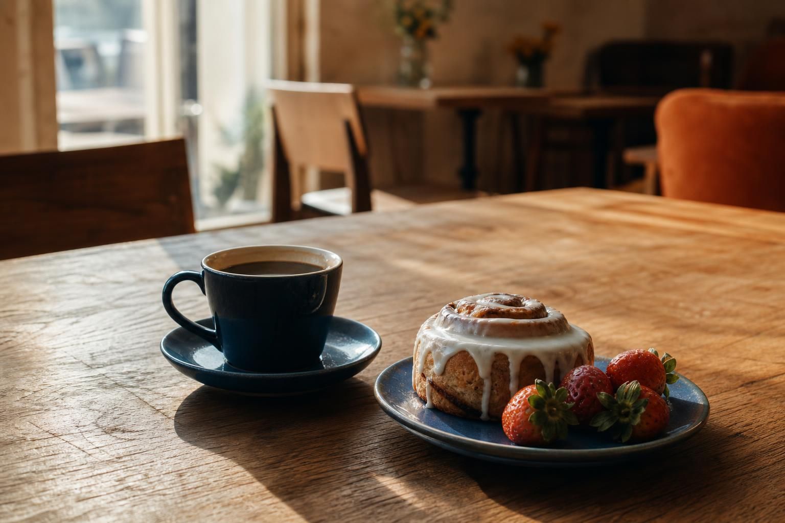 Zimtschnecke und Erdbeeren auf einem Teller neben einer Kaffeetasse