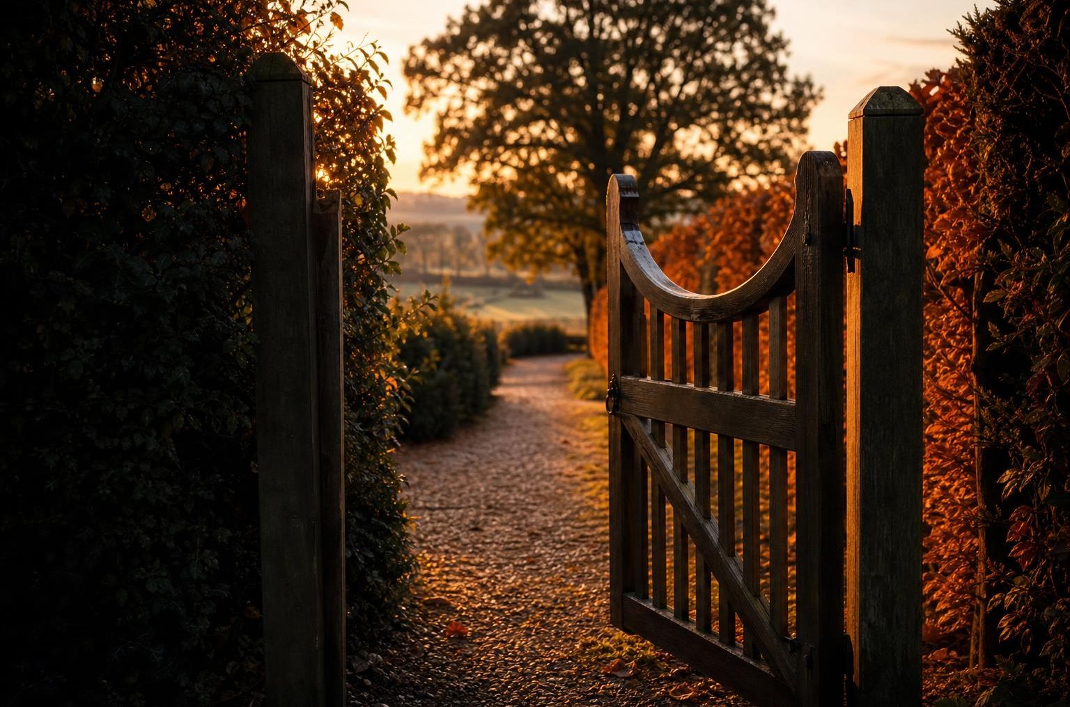 Offenes Holzgartentor an einem Kiesweg im Abendlicht