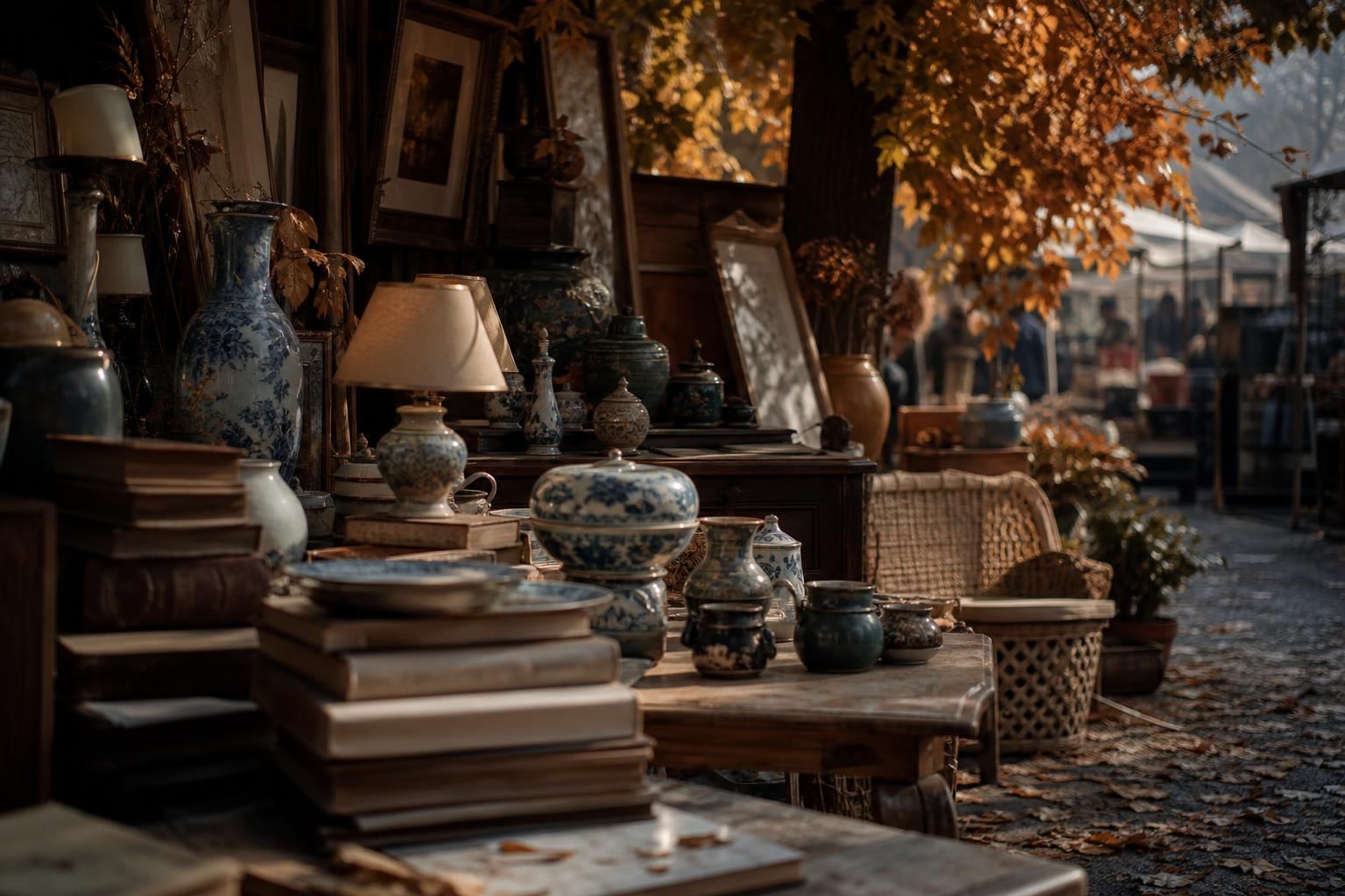 Flohmarktstand mit Büchern und Keramik