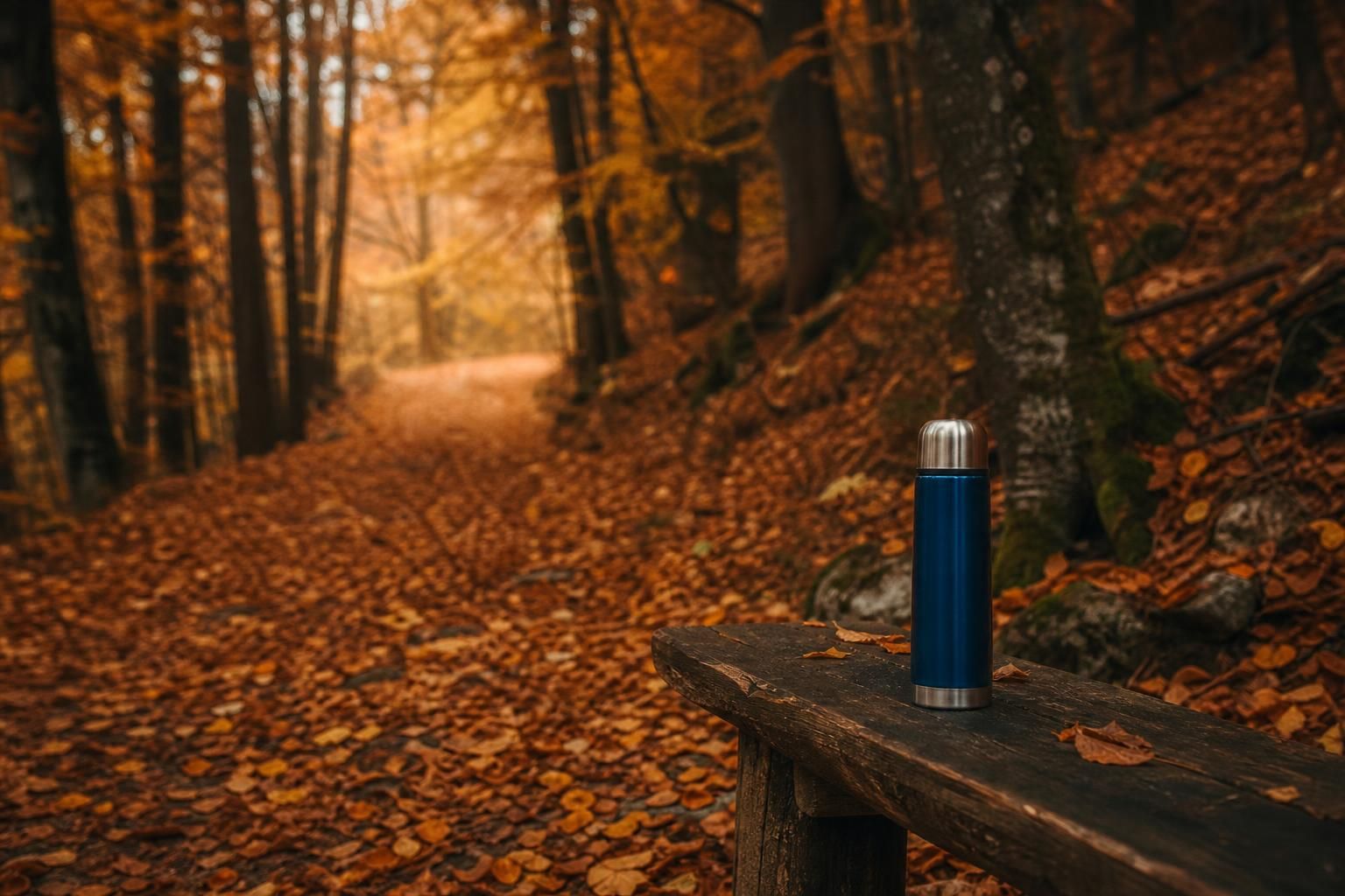 Herbstlicher Waldweg mit Bank und Thermoskanne