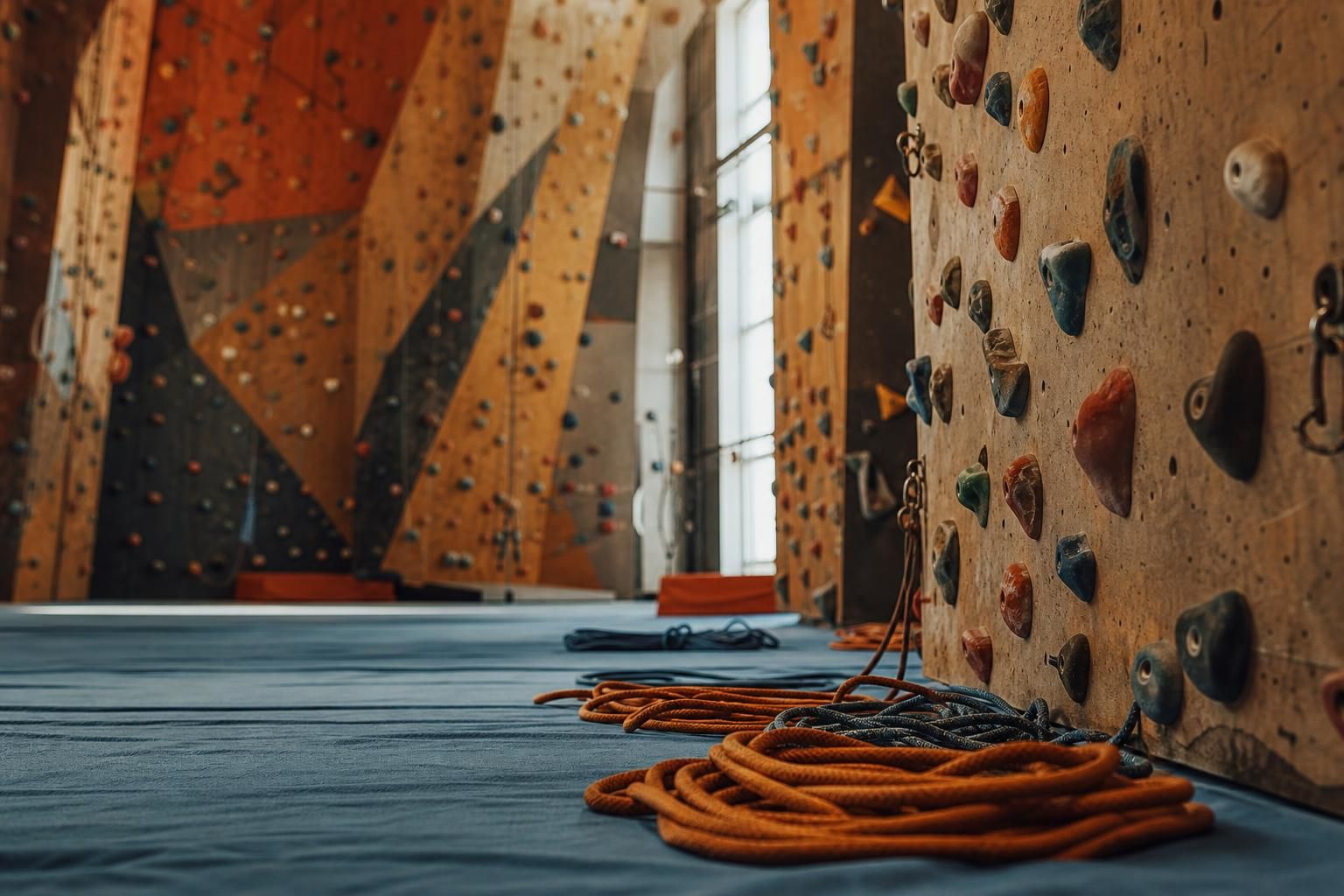 Kletterhalle mit bunten Griffen und Seilen