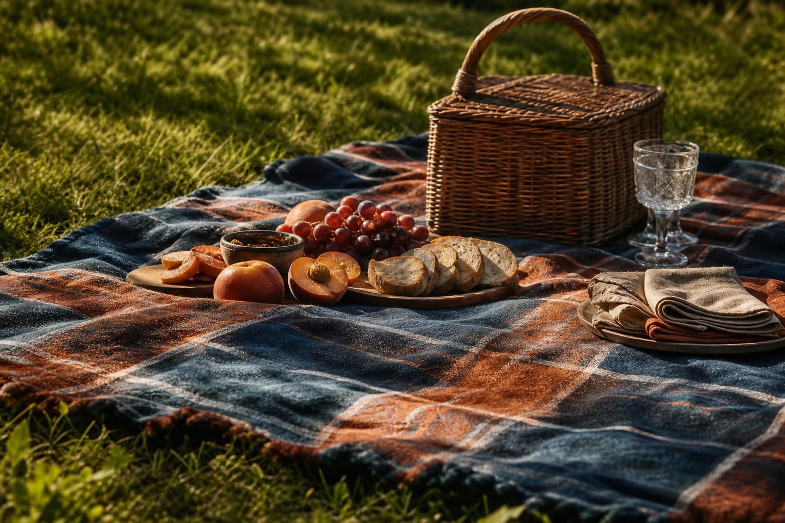 Picknickdecke mit Korb und einfachem Essen