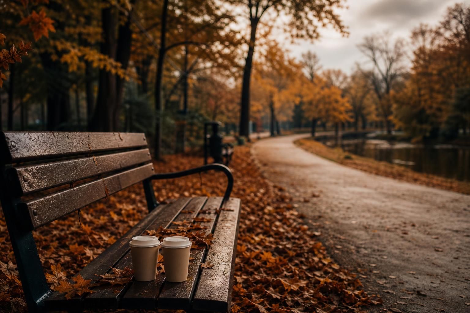 Parkbank mit zwei Kaffeebechern im Laub