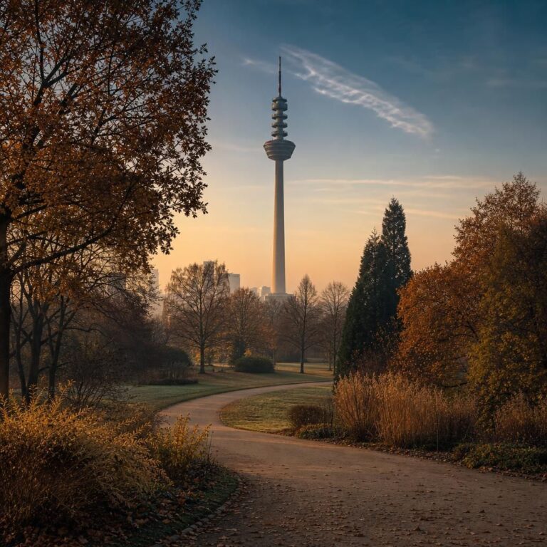 Florianturm über herbstlichem Westfalenpark in Dortmund