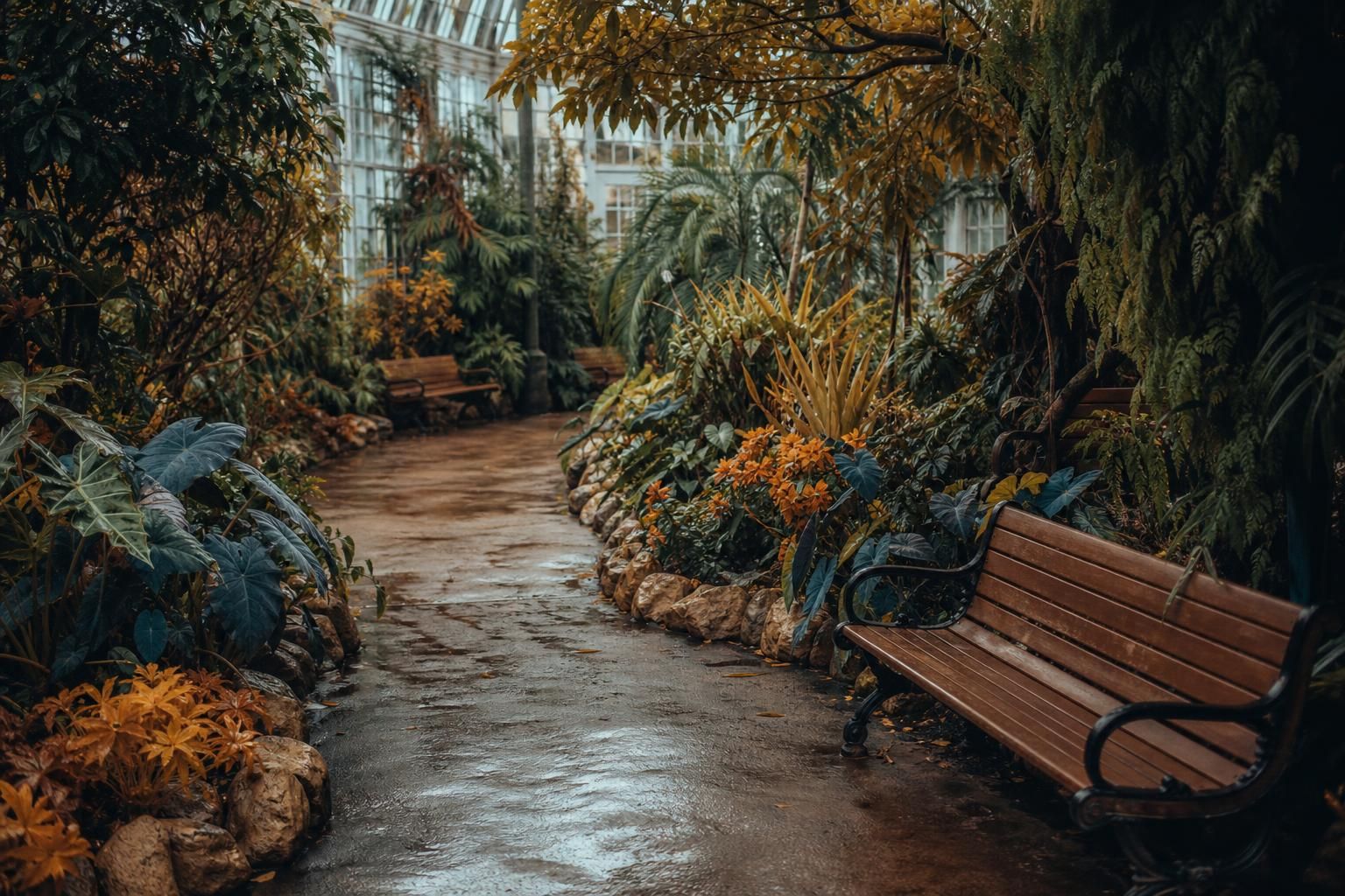 Botanischer Garten mit Gewächshaus im Hintergrund