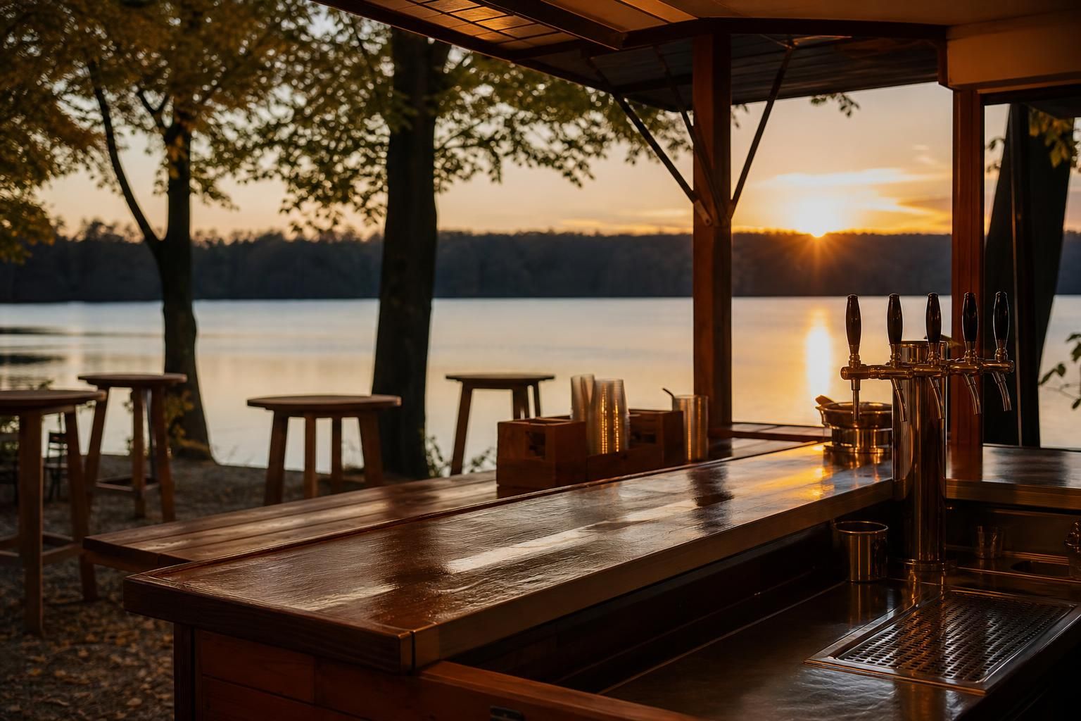Stehtische am See bei Abendlicht
